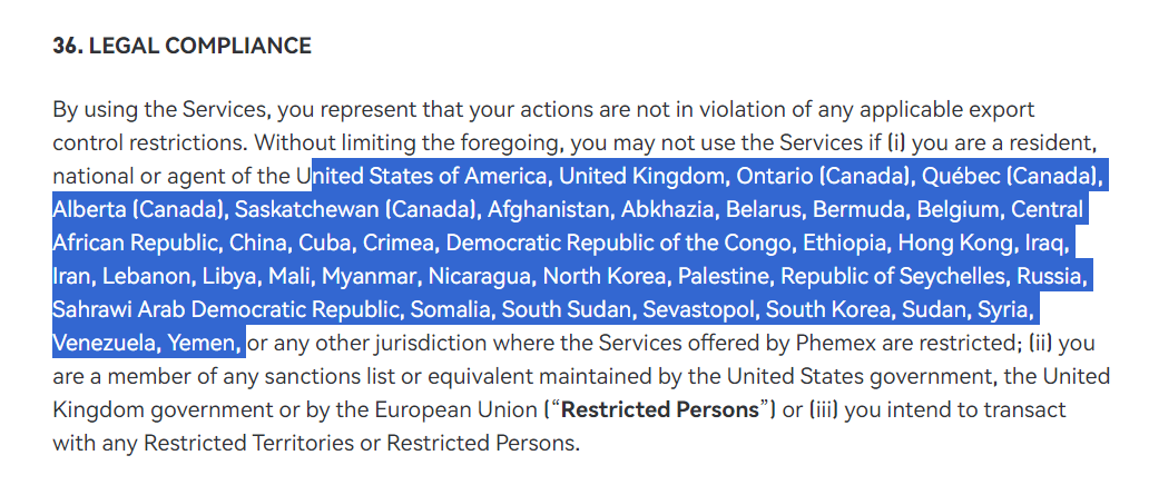 Phemex Restricted Countries