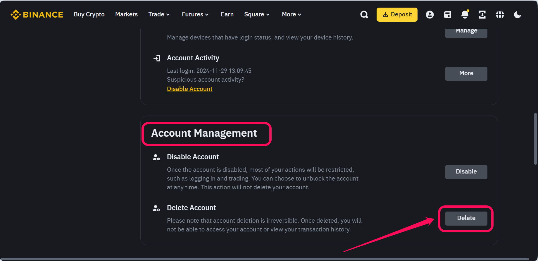 supprimer un compte binance